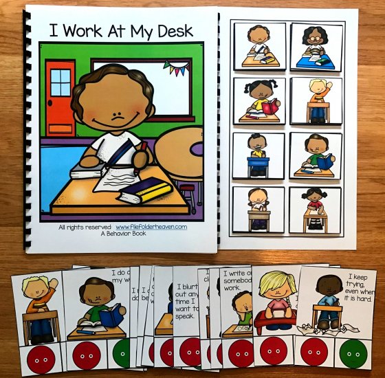 Desk Behavior Adapted Book and Task Cards: "I Work At My Desk" - Click Image to Close