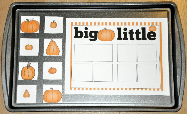 Pumpkins: Big and Little Sort Cookie Sheet Activity - Click Image to Close