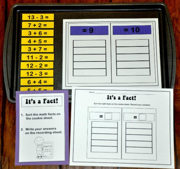 Sorting Math Facts Equals 9/ Equals 10 Cookie Sheet Activity