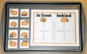 Pumpkins: In Front of/Behind Cookie Sheet Activity