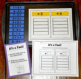 Sorting Math Facts Equals 3/ Equals 4 Cookie Sheet Activity