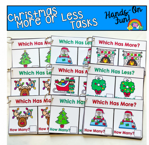 Christmas Themed More Or Less Task Cards