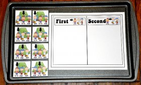 "First or Second" Camper Sort Cookie Sheet Activity