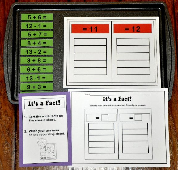 Sorting Math Facts Equals 11/ Equals 12 Cookie Sheet Activity