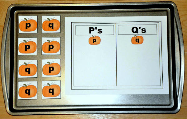 Pumpkin \"P\'s and Q\'s\" Sort Cookie Sheet Activity