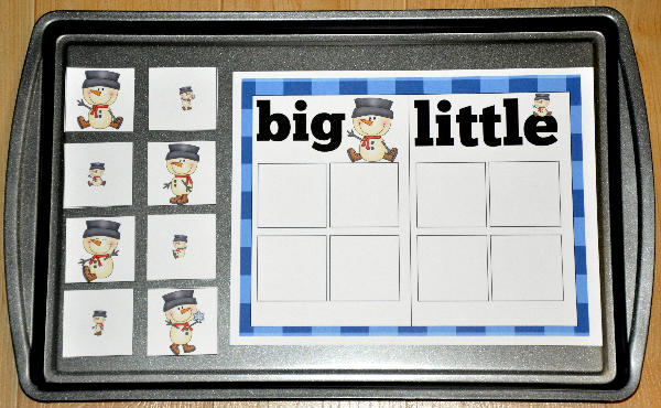 Big and Little Snowmen Sort Cookie Sheet Activity