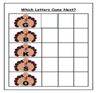 Turkeys: Which Letters Come Next Cookie Sheet Activity