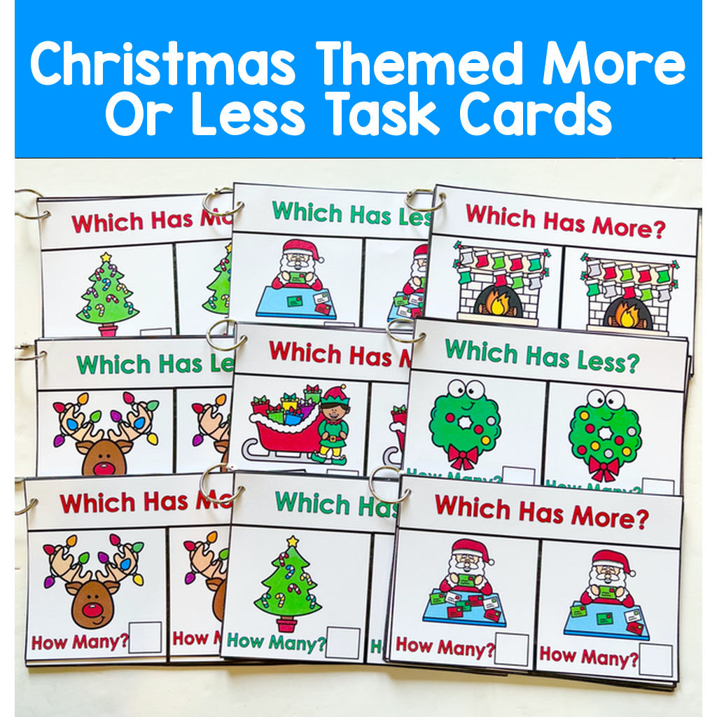 Christmas Themed More Or Less Task Cards