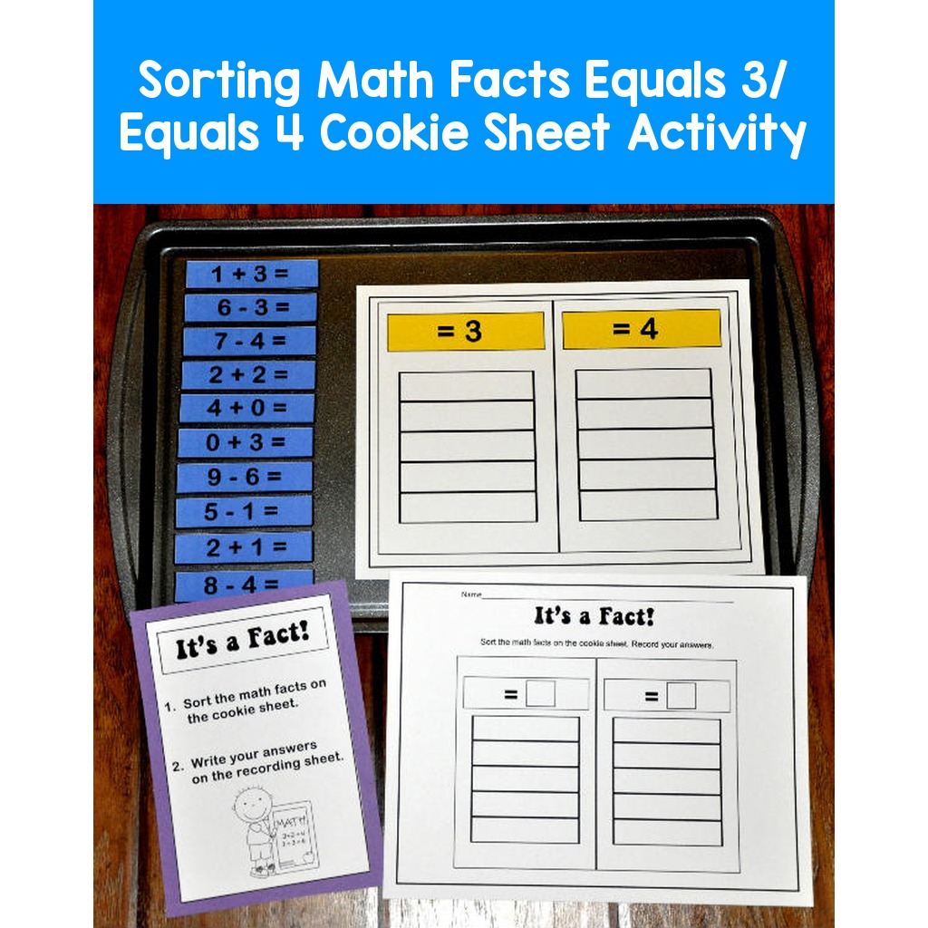 Sorting Math Facts Equals 3/ Equals 4 Cookie Sheet Activity