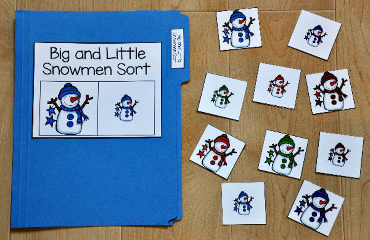 Snowman File Folder Game:  Big and Little Snowman Sort