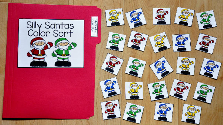 Christmas File Folder Game:  Silly Santas Color Sort