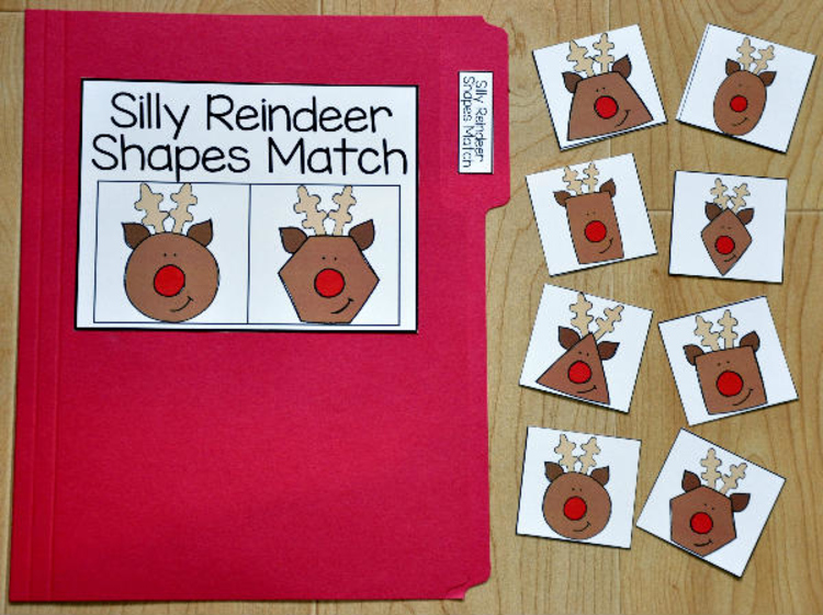 Christmas File Folder Game:  "Silly Reindeer Shapes Match"