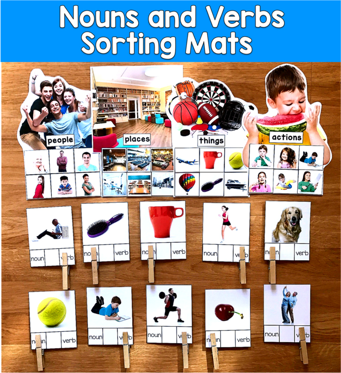 Nouns and Verbs Sorting Mats Real Photos | Grammar Parts of Speech | SLP SPED
