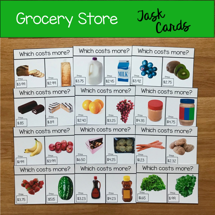 Grocery Store Task Cards: "Which Costs More?"