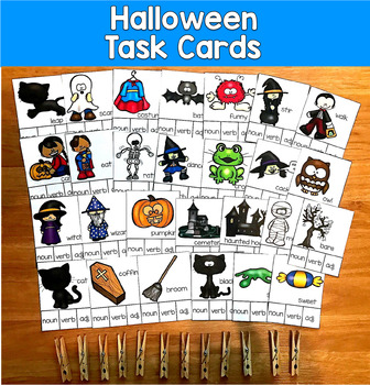 Halloween Parts of Speech Task Cards | Nouns Verbs Adjectives | SLP SPED Autism