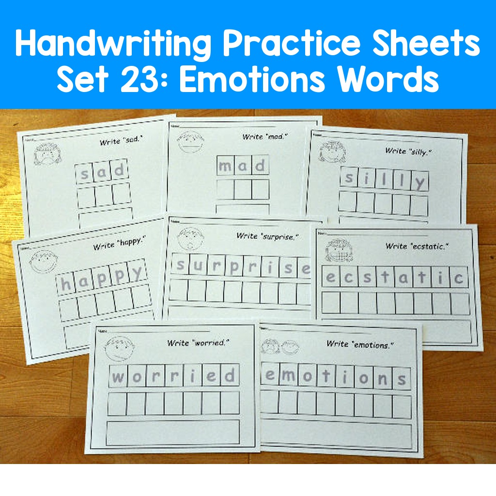 Handwriting Practice Sheets Set 23: Emotions Words